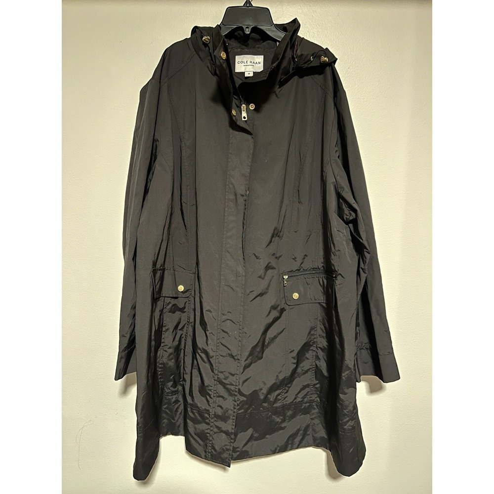 Cole Haan Signature Womens 3X Hooded Rain Jacket Black Nylon Parka Coat